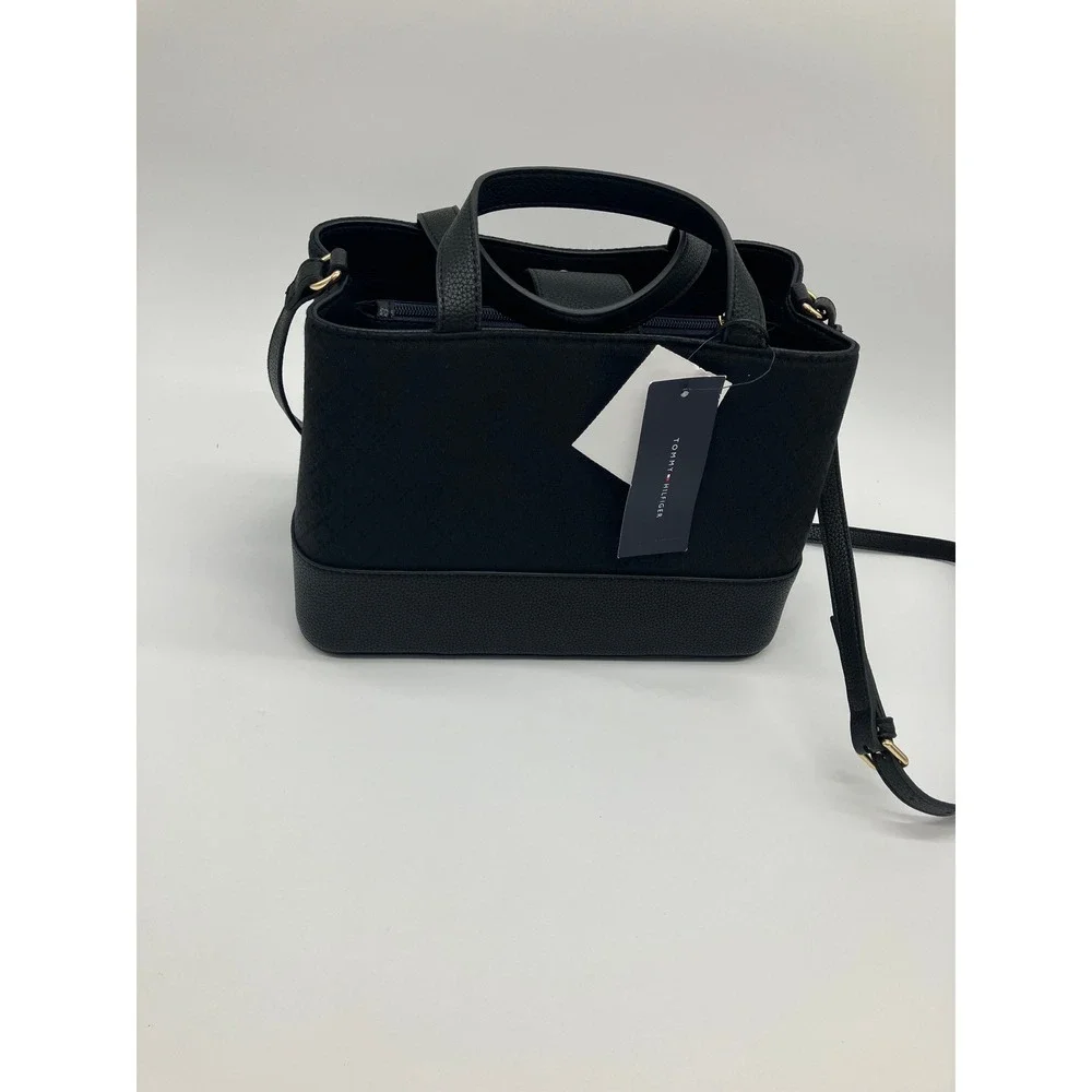 Tommy Hilfiger Women Black Canvas Faux Leather Crossbody Satchel Handbag‎ NWT